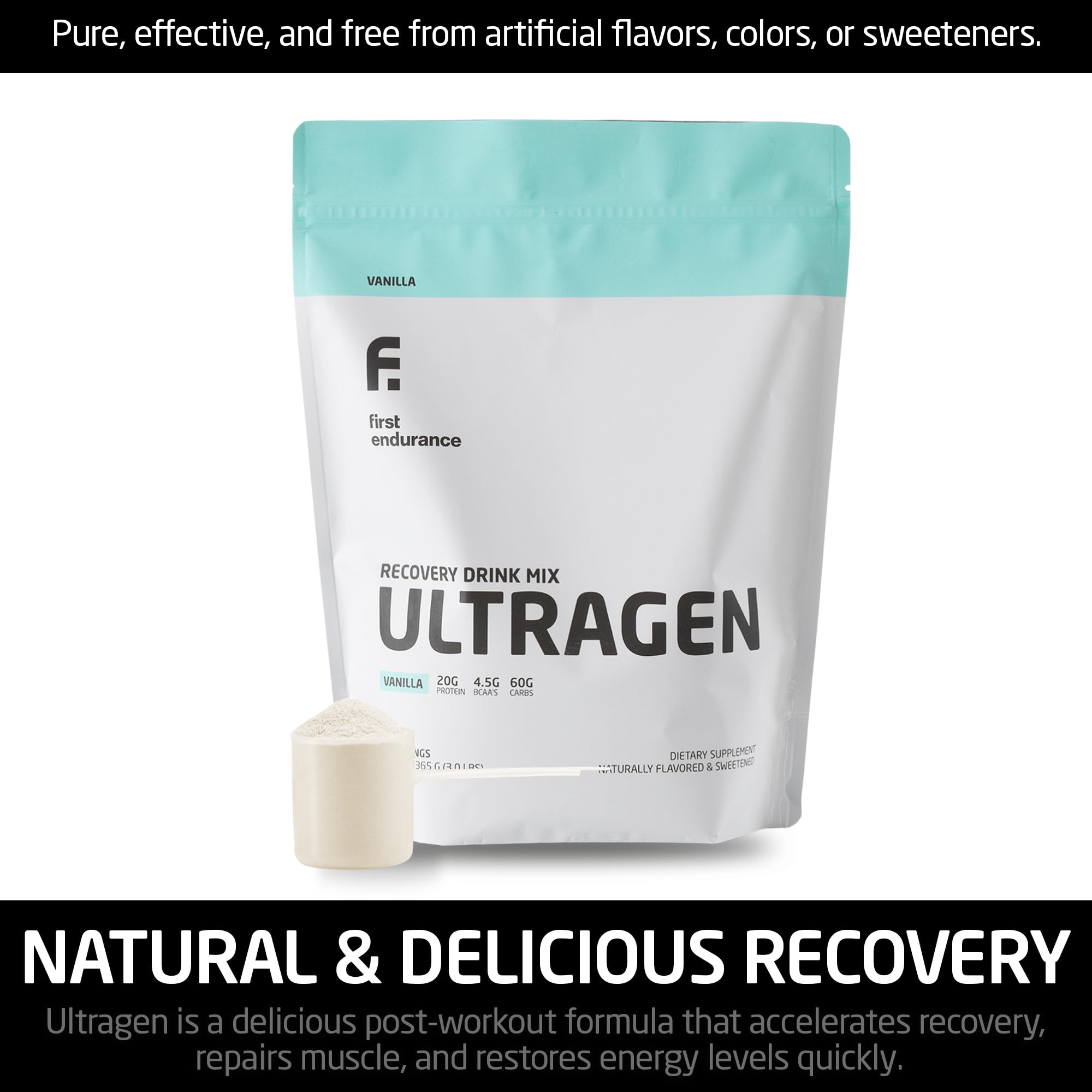 FIRST ENDURANCE Ultragen vanilla nutrition facts close-up highlights protein and BCAAs