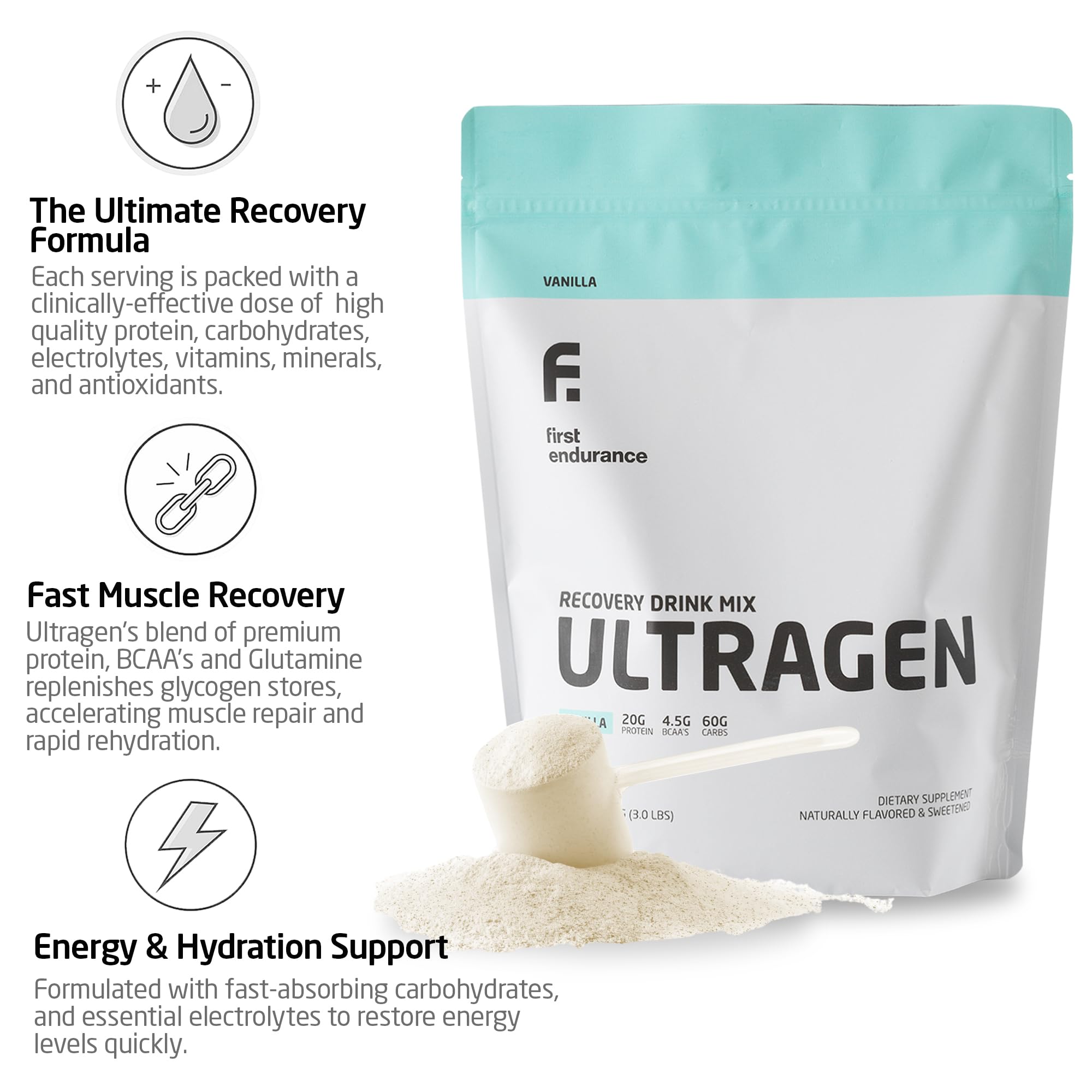 Ultragen vanilla powder pour into glass demonstrates quick recovery after training