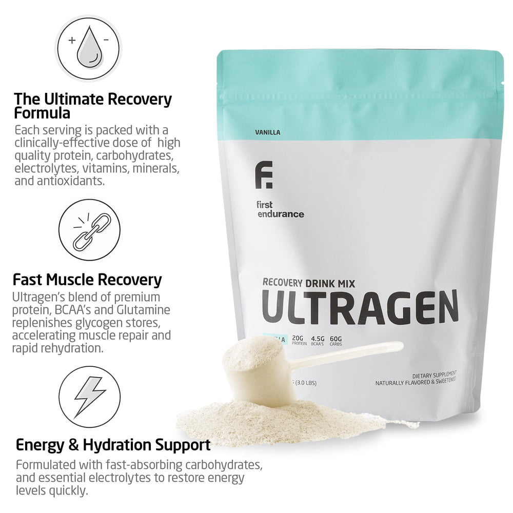 Ultragen vanilla powder pour into glass demonstrates quick recovery after training