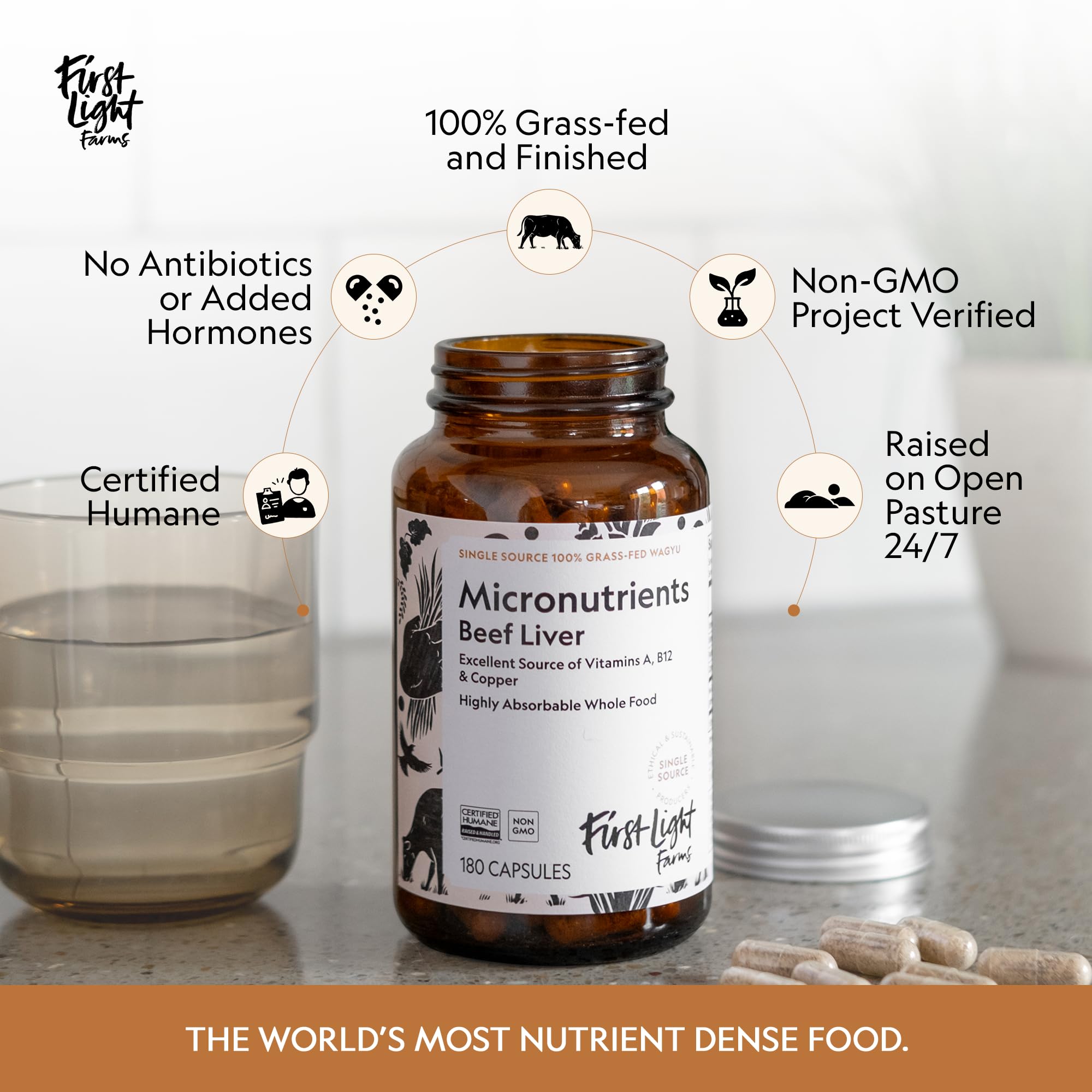 Bottle pour of First Light Beef Liver Capsules demonstrating easy daily intake.