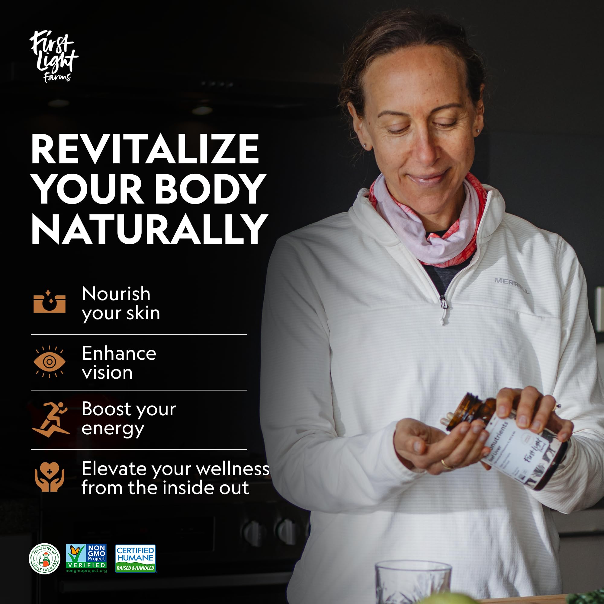 First Light Beef Liver Capsules on counter for daily wellness routine.