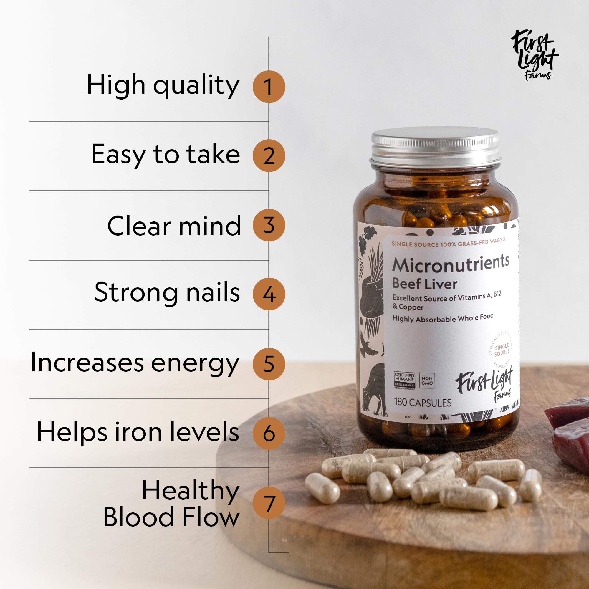 Ingredient panel on First Light Liver Capsules highlighting essential nutrients.