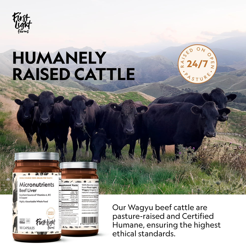 Origin from Wagyu pasture with humane certification for First Light Liver Capsules.