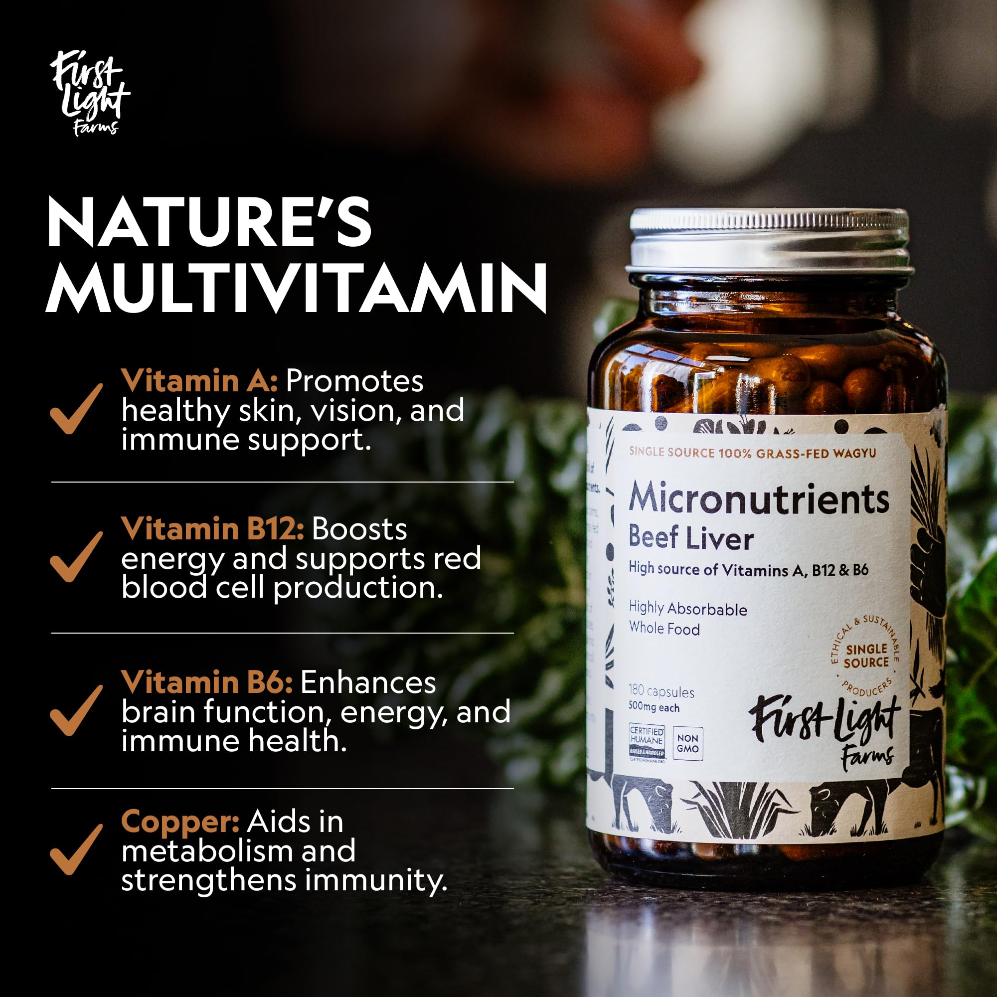 Packaging label of First Light Beef Liver Capsules highlighting grass-fed sourcing.