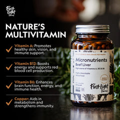 Packaging label of First Light Beef Liver Capsules highlighting grass-fed sourcing.