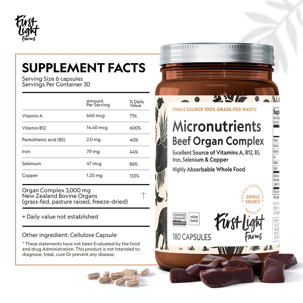 First Light Wagyu Organ Complex capsules closeup – easy daily supplementation.