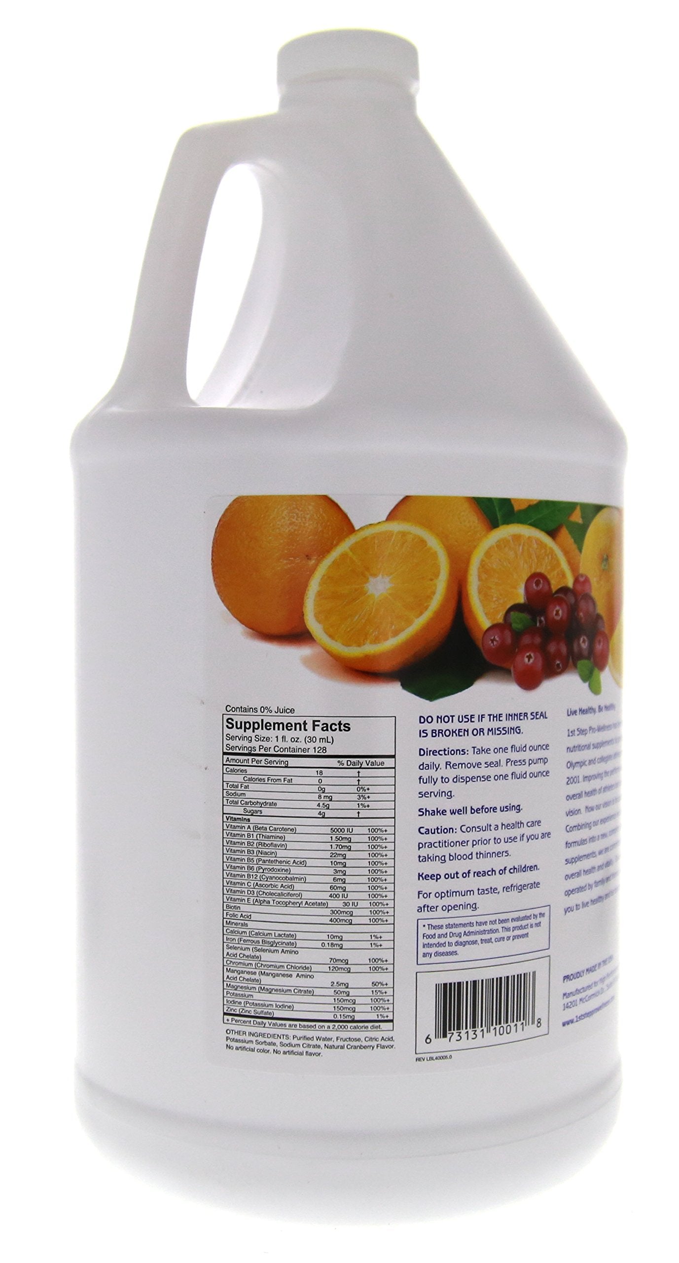 Large 1-gallon bottle displayed on a kitchen shelf.