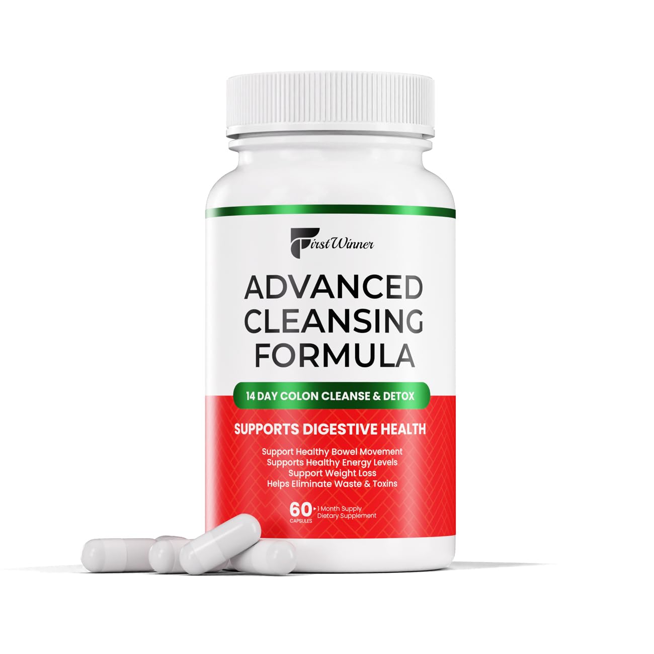 First Winner Advanced Colon Cleanse bottle on a counter supports regular digestion.