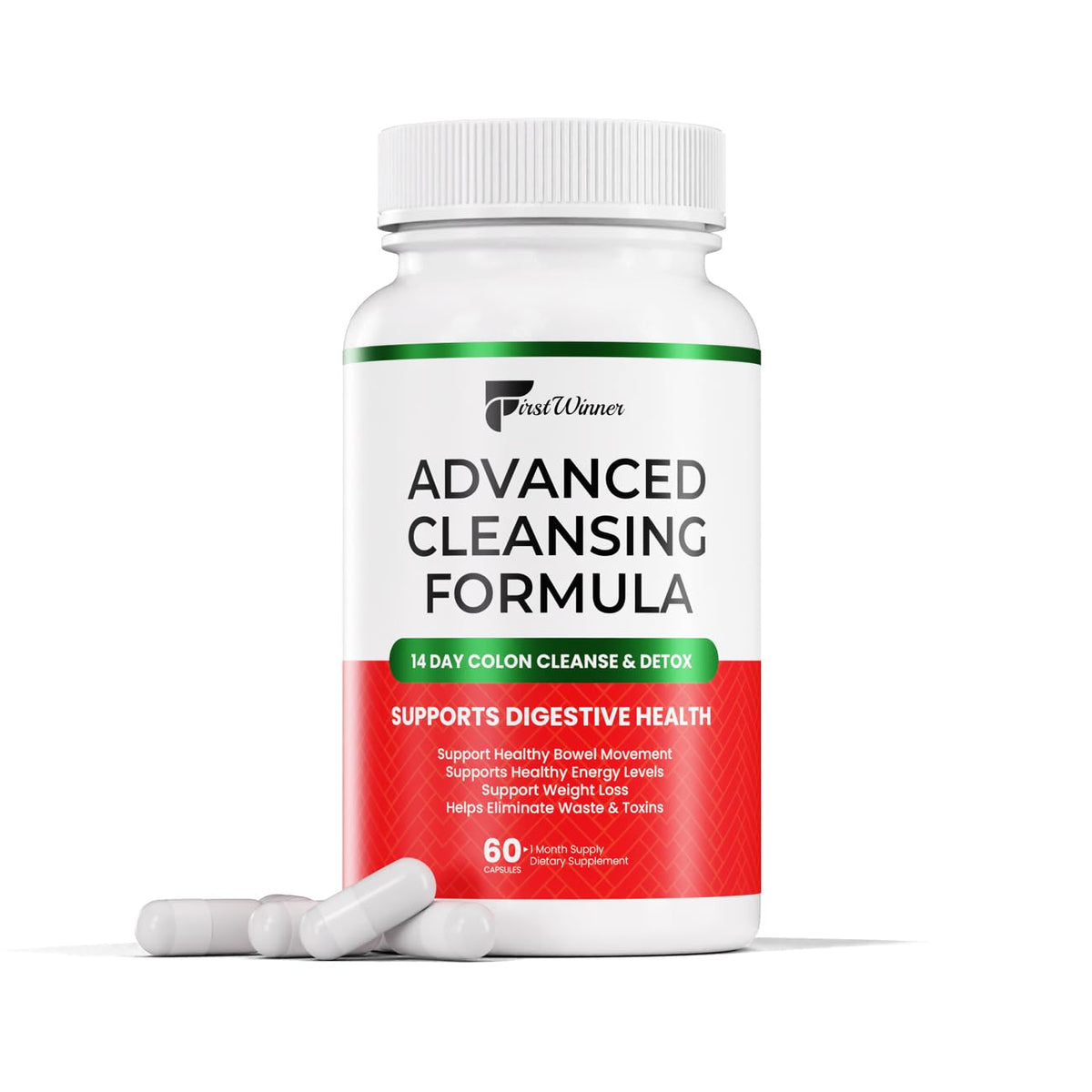 First Winner Advanced Colon Cleanse bottle on a counter supports regular digestion.