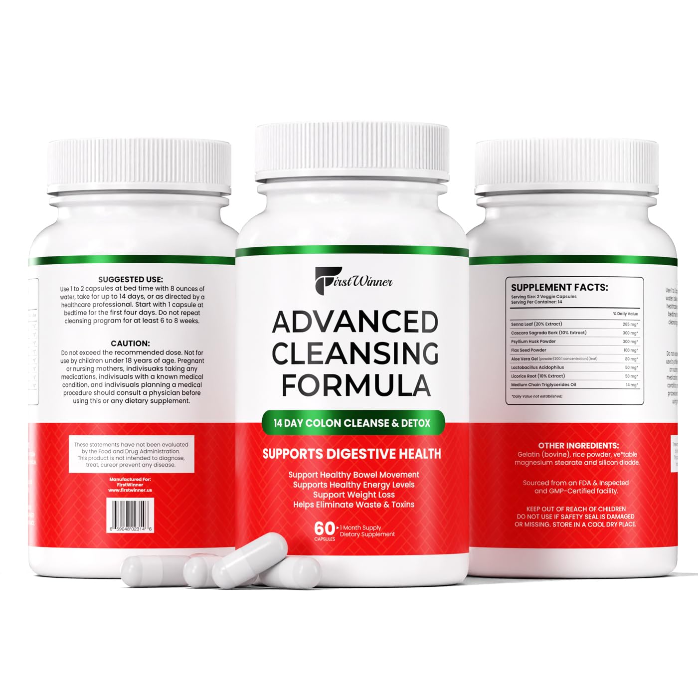 First Winner Advanced Colon Cleanse capsules close-up for daily use.