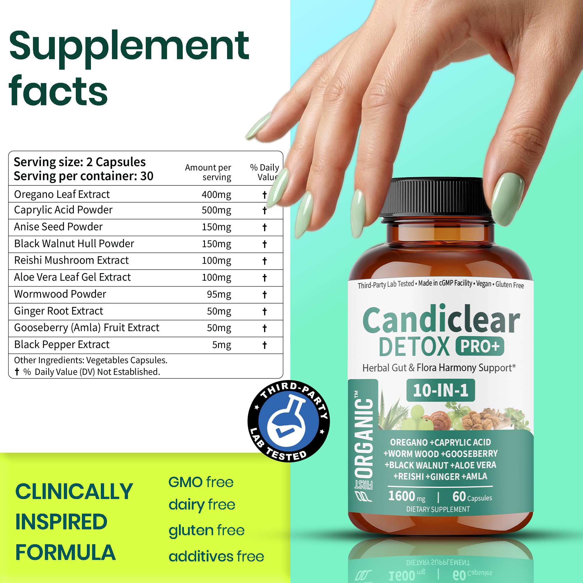 FIRSTORGANIC Candiclear Detox Pro+ vegan formula for modern diets.