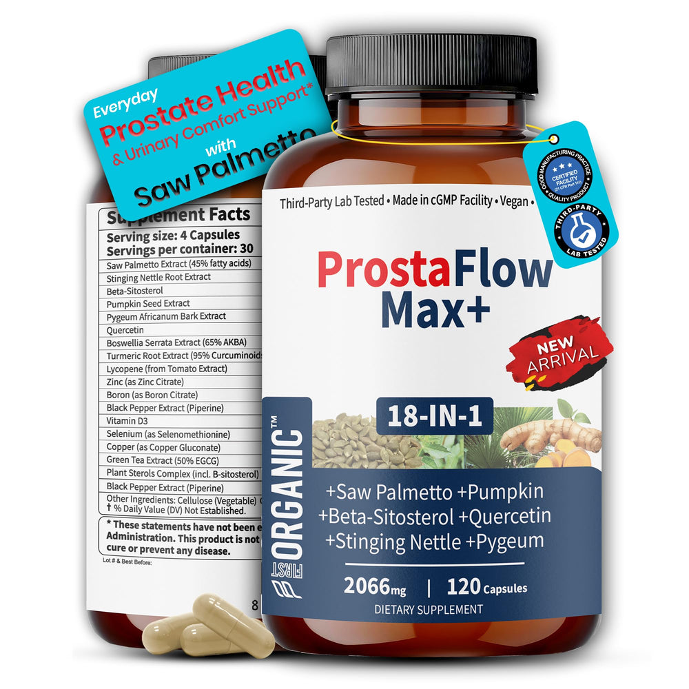 FIRSTORGANIC Men's Prostate Health bottle supports urinary comfort for daily balance.
