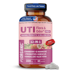 FirstOrganic UTI Flora Pro+ bottle label close-up for daily balance.