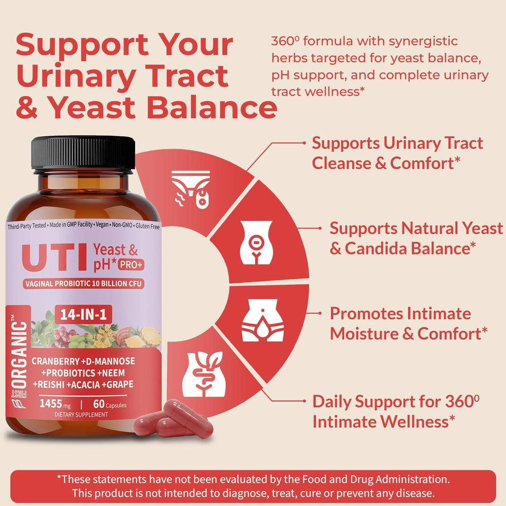 FIRSTORGANIC UTI Flora & Odor Pro+ ingredients highlight cranberry and probiotics.