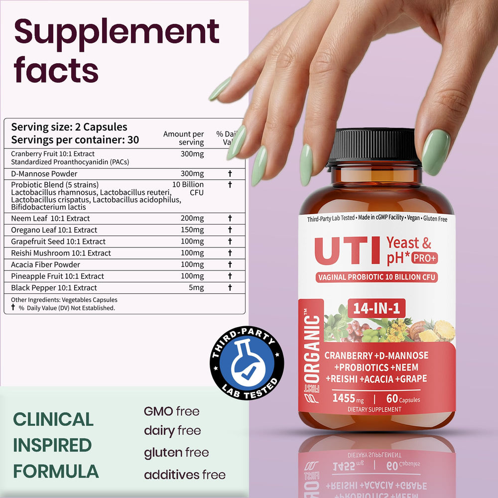 FIRSTORGANIC UTI Yeast & pH Pro+ packaging shows 60+60 caps for daily routine.