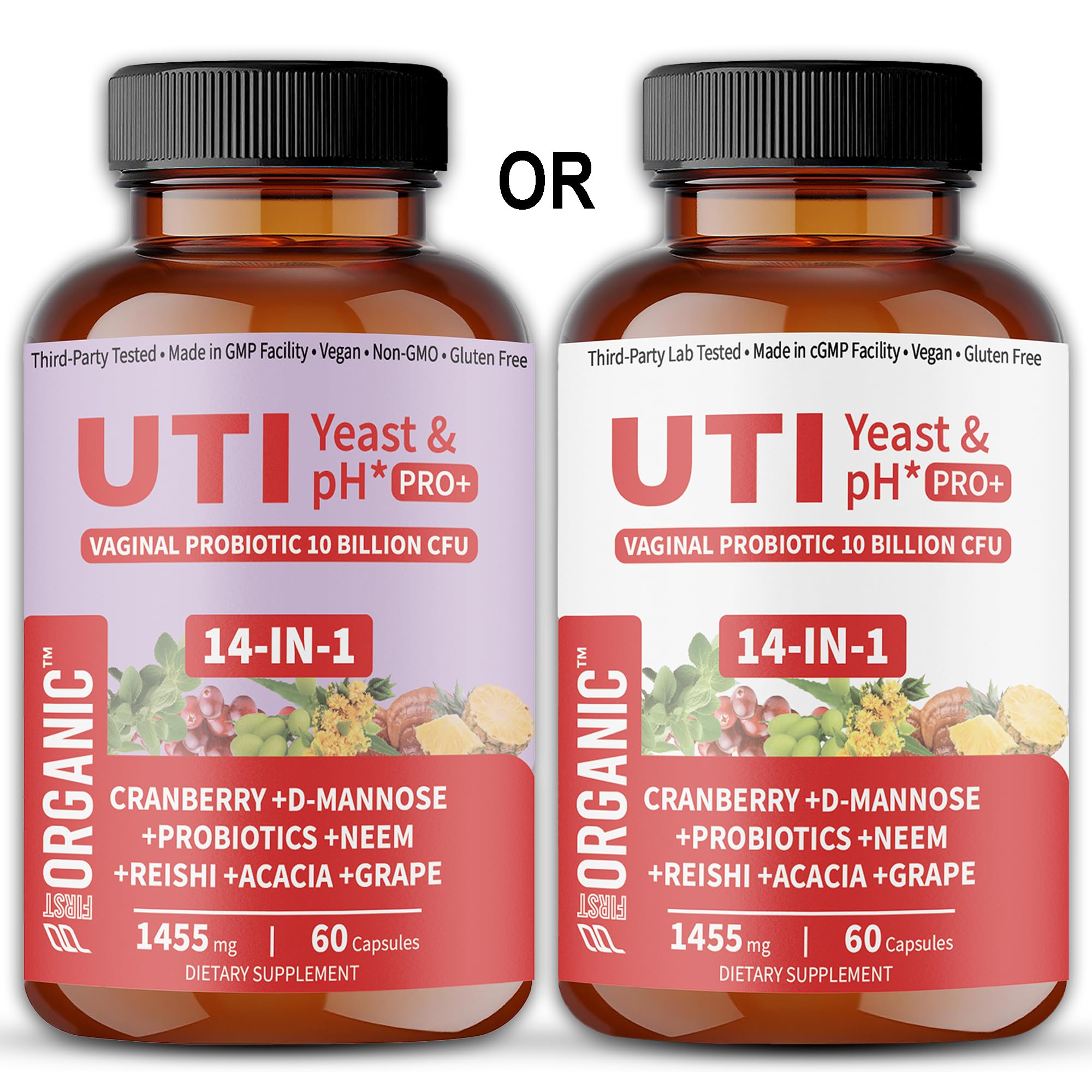 FIRSTORGANIC UTI Yeast & pH Pro+ capsules beside water for daily support.