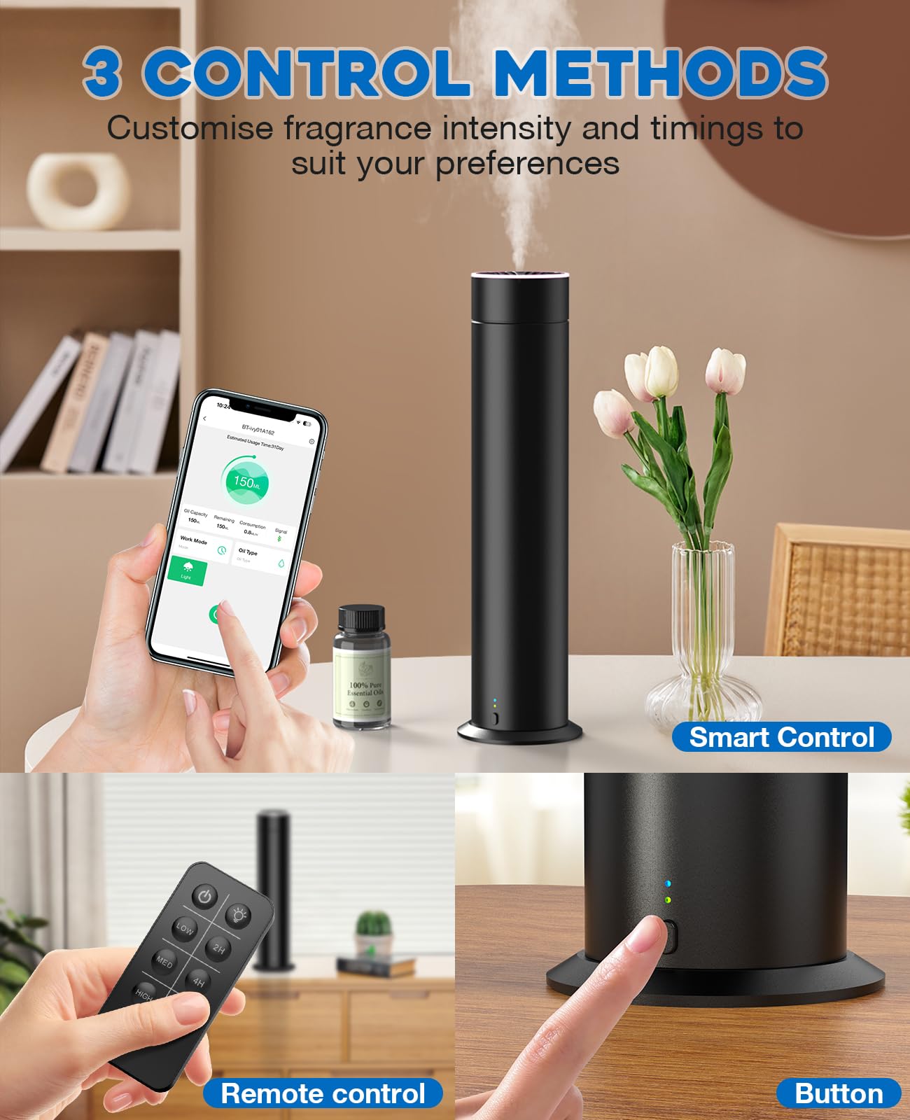 App and remote control for scheduling and fragrance management.