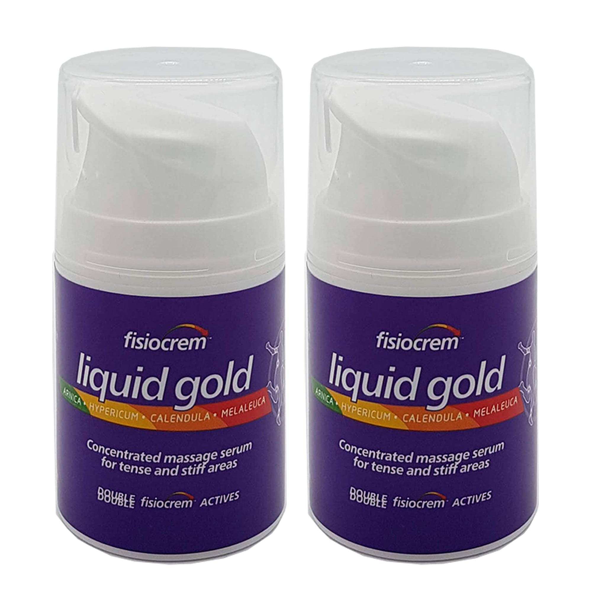 Fisiocrem Liquid Gold bottle pour demonstrates a concentrated massage serum for tense muscles.