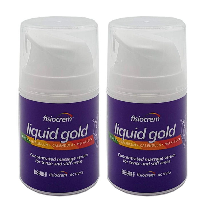 Fisiocrem Liquid Gold bottle pour demonstrates a concentrated massage serum for tense muscles.