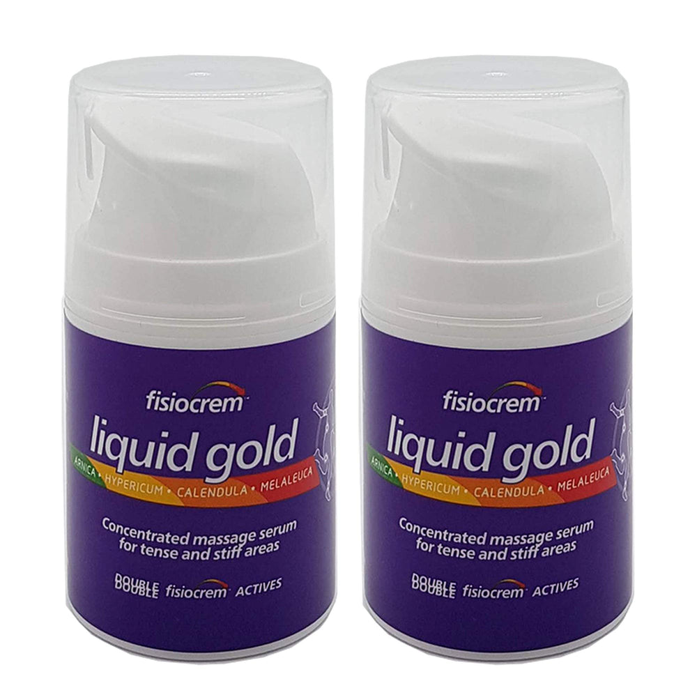 Fisiocrem Liquid Gold bottle pour demonstrates a concentrated massage serum for tense muscles.