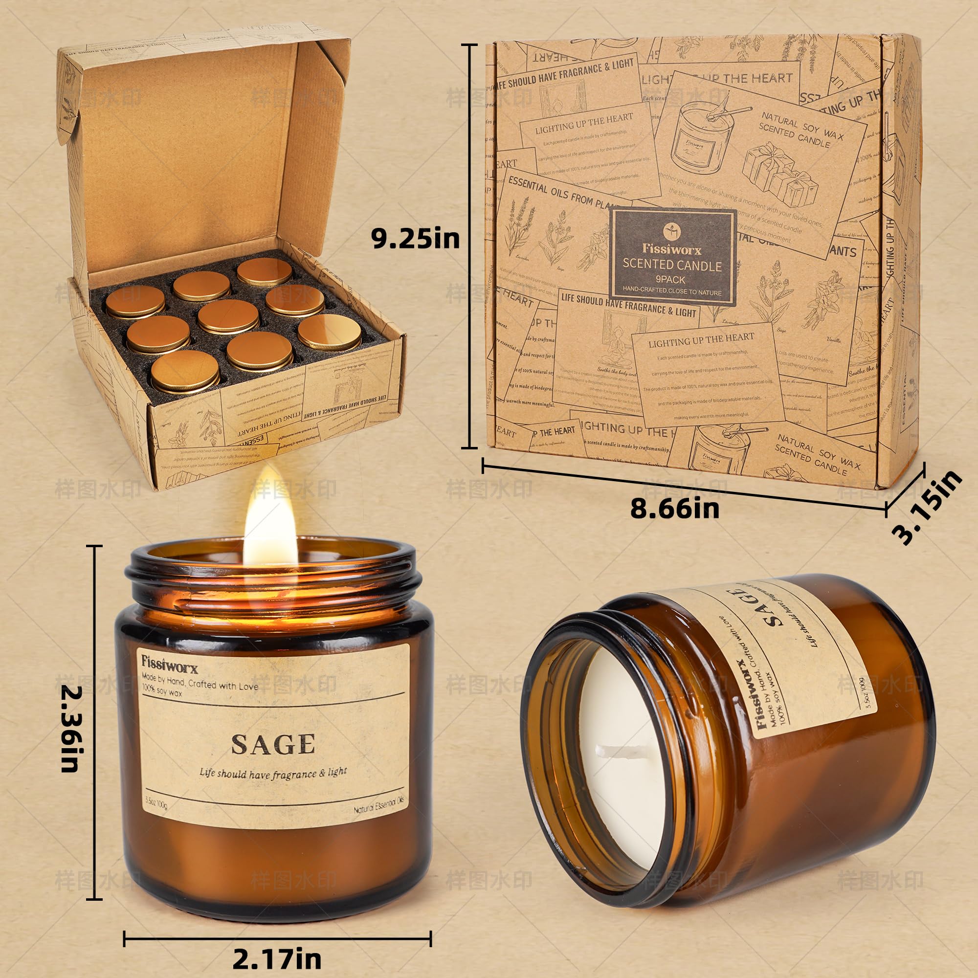 Fissiworx 9-pack amber jar candle set displayed for warm home ambience.