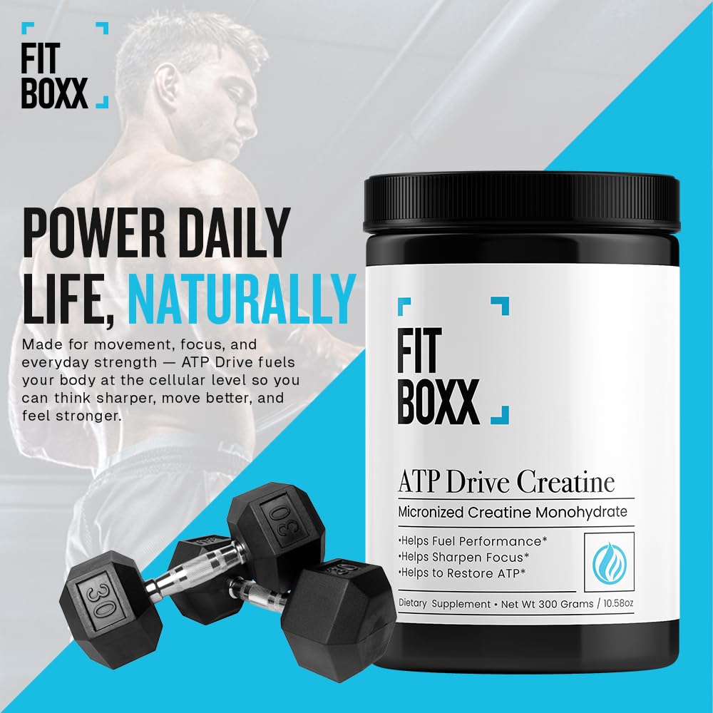 Fit Boxx ATPDrive creatine powder added to smoothie showcases versatile post-workout use
