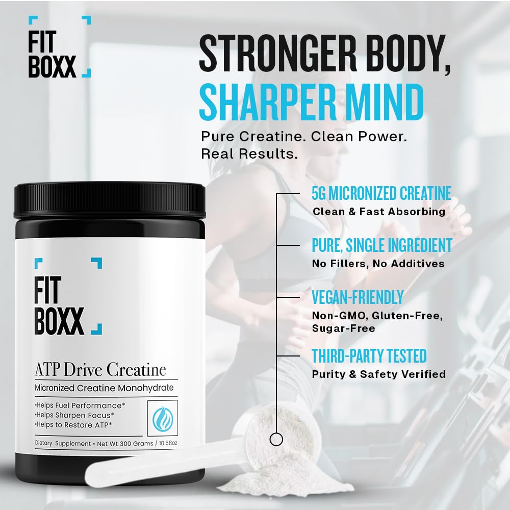 Fit Boxx ATPDrive creatine powder poured into glass demonstrates quick mixability