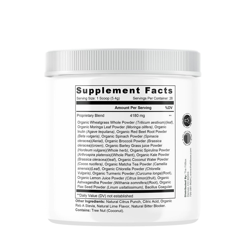 Fit Boxx VitalMatrix Greens adaptogen blend close-up showing potential energy support