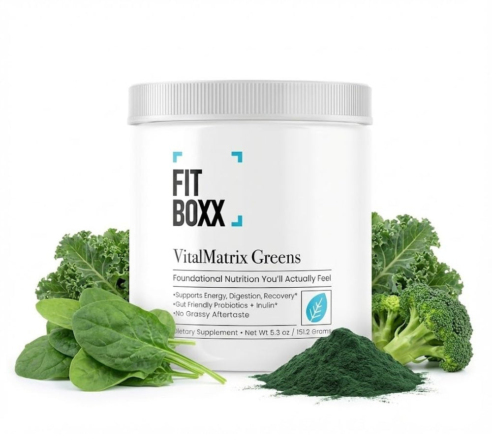 Fit Boxx VitalMatrix Greens bottle pour shows easy daily greens with citrus flavor