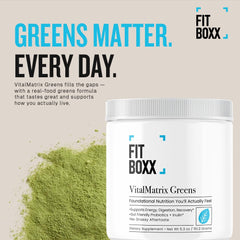 Fit Boxx VitalMatrix Greens glass with citrus drink for on-the-go vitality