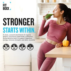 Fit Boxx VitalMatrix Greens ingredients list featuring organic non-GMO superfoods