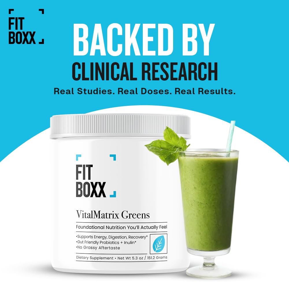 Fit Boxx VitalMatrix Greens packaging highlights a clean label and organic ingredients