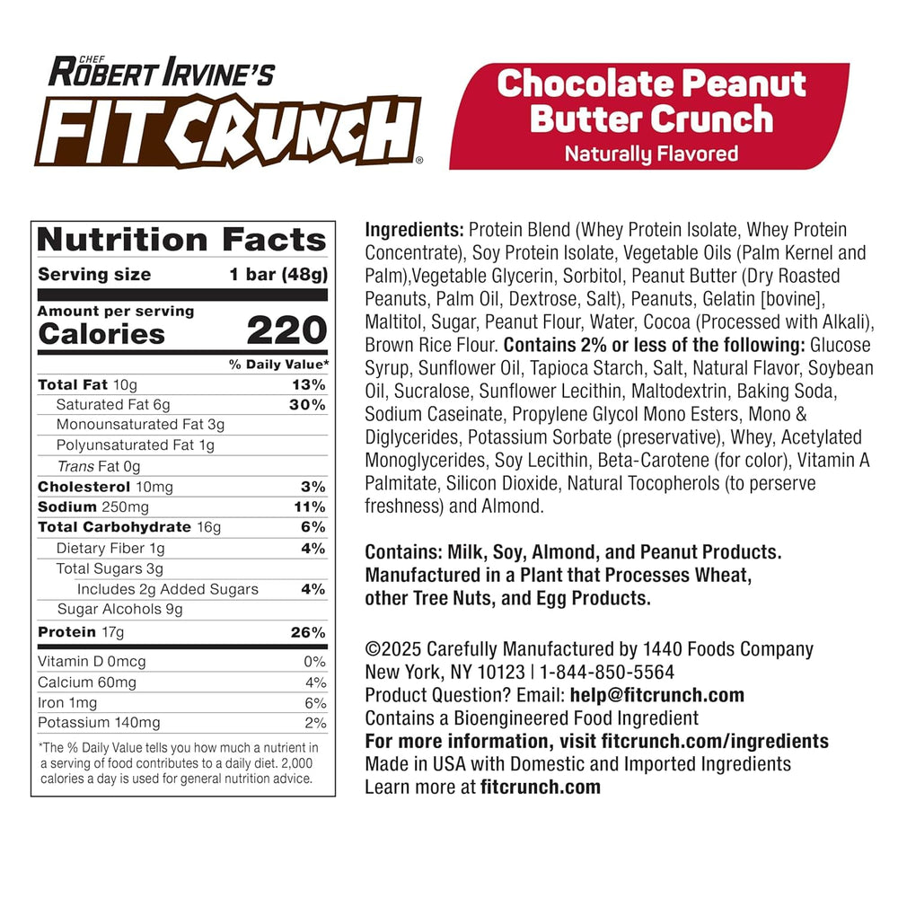 Fit Crunch six-layer baked bar closeup shows chewy texture and protein