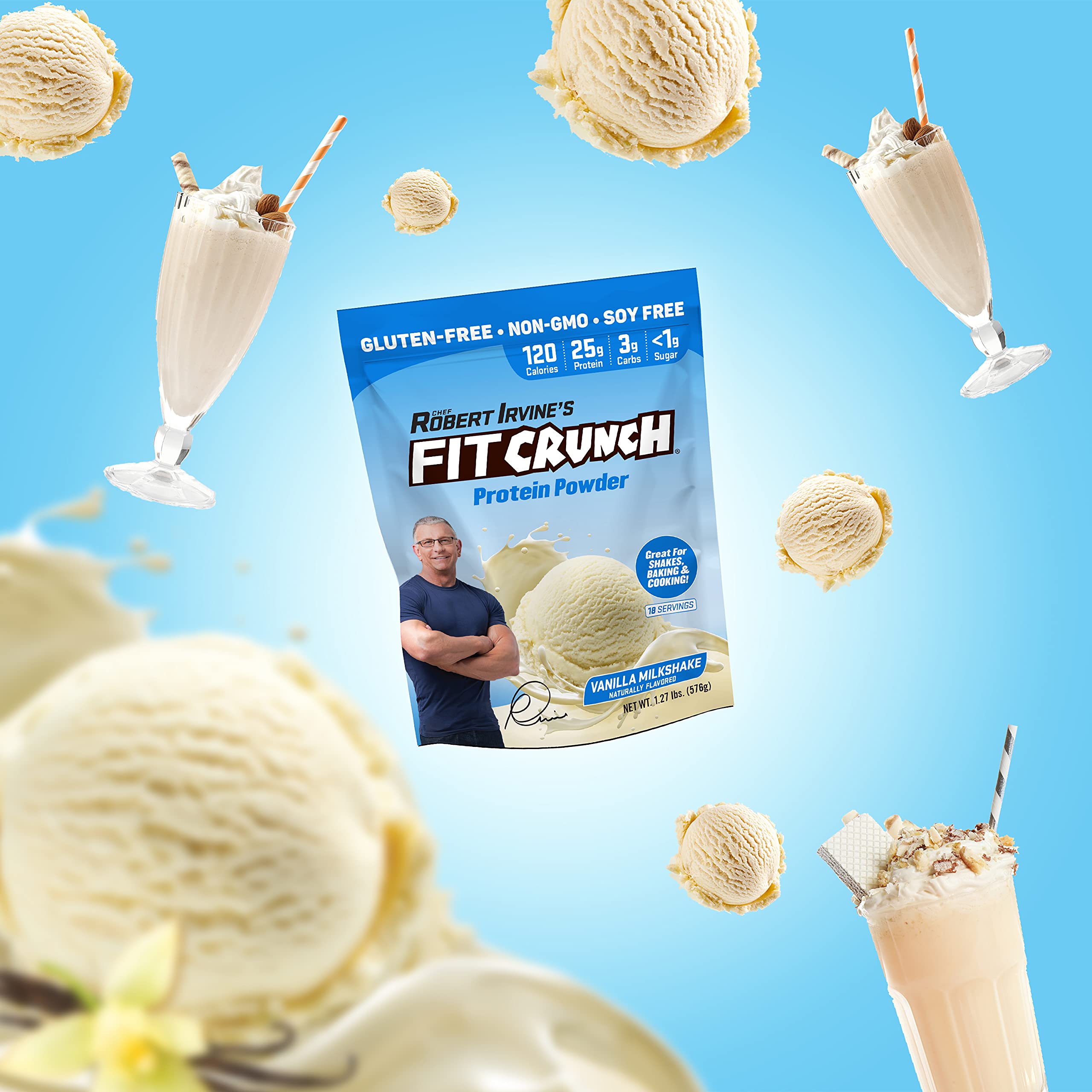 Fit Crunch Tri-Blend whey packaging highlighting gluten-free and soy-free features