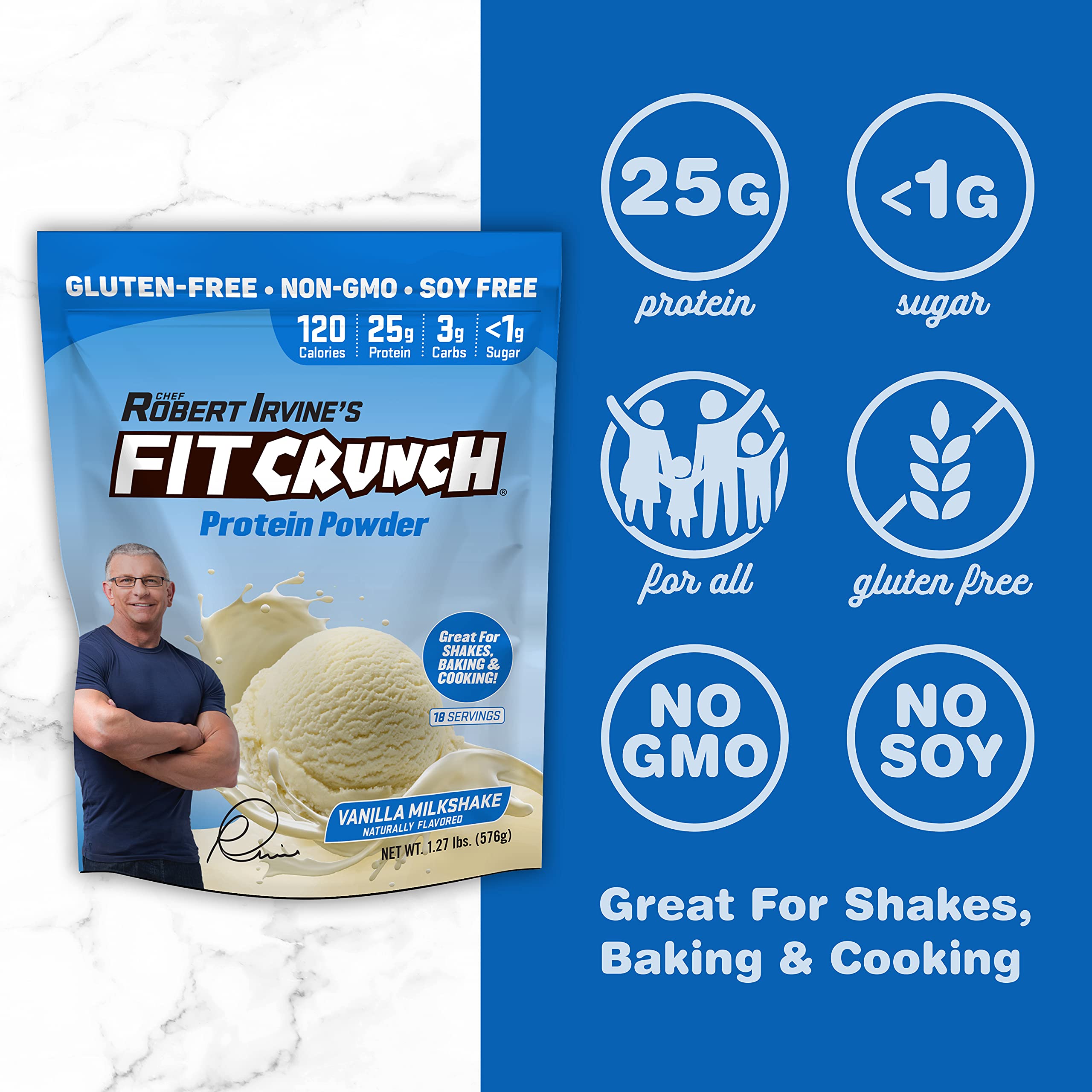Fit Crunch Tri-Blend whey nutrition panel showing high protein and low sugar