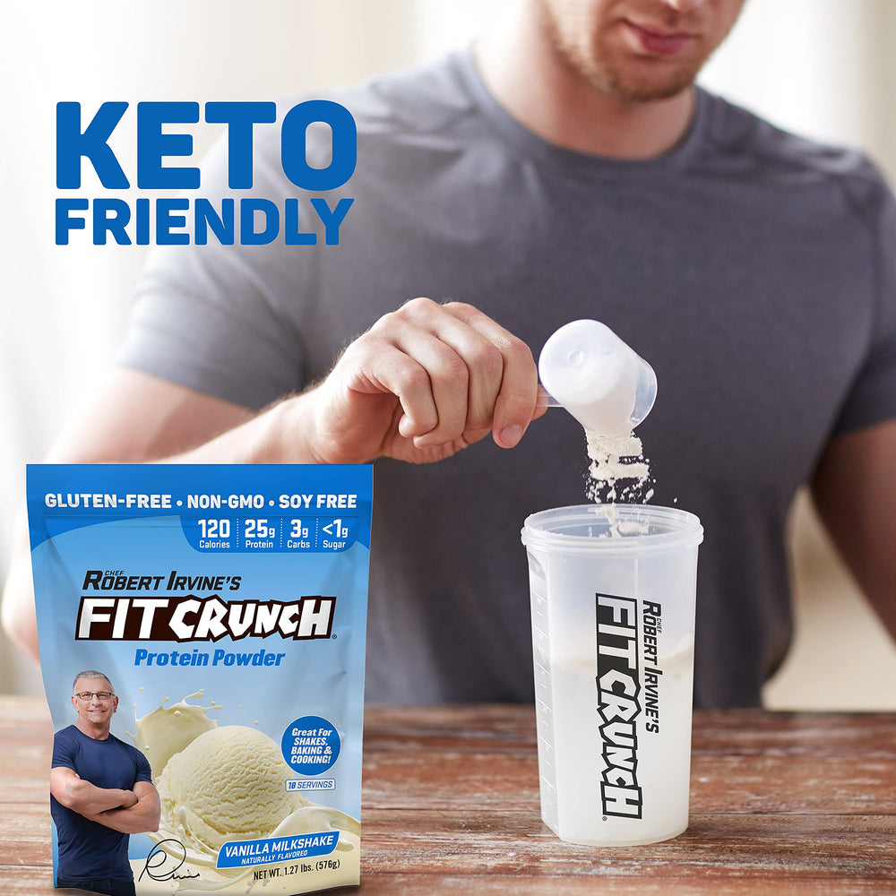 Fit Crunch Tri-Blend whey scoop and bag demonstrating mixology flexibility