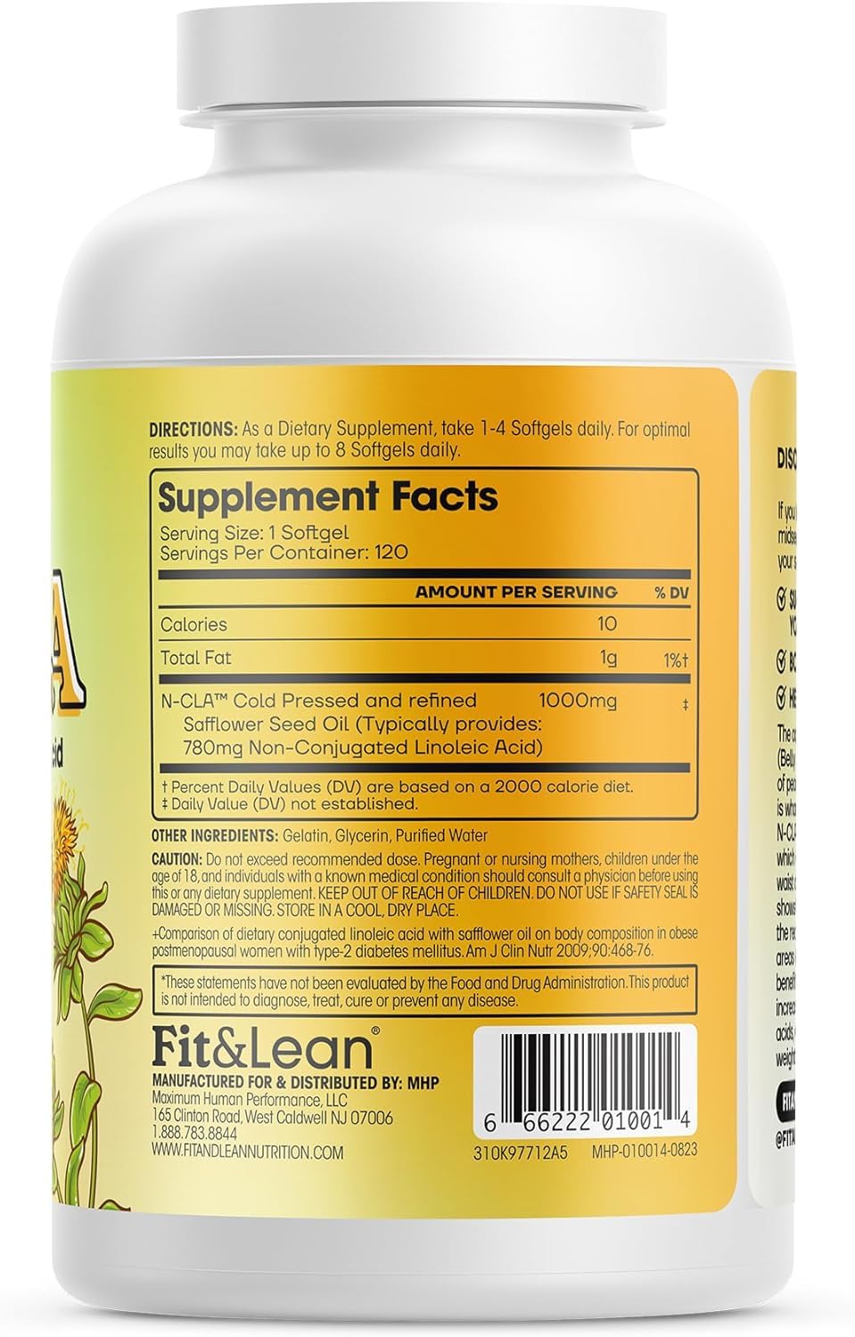 Fit & Lean N-CLA bottle emphasizing adiponectin boost for fat metabolism.