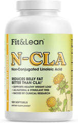Fit & Lean N-CLA bottle focusing on belly fat reduction and waistline support.
