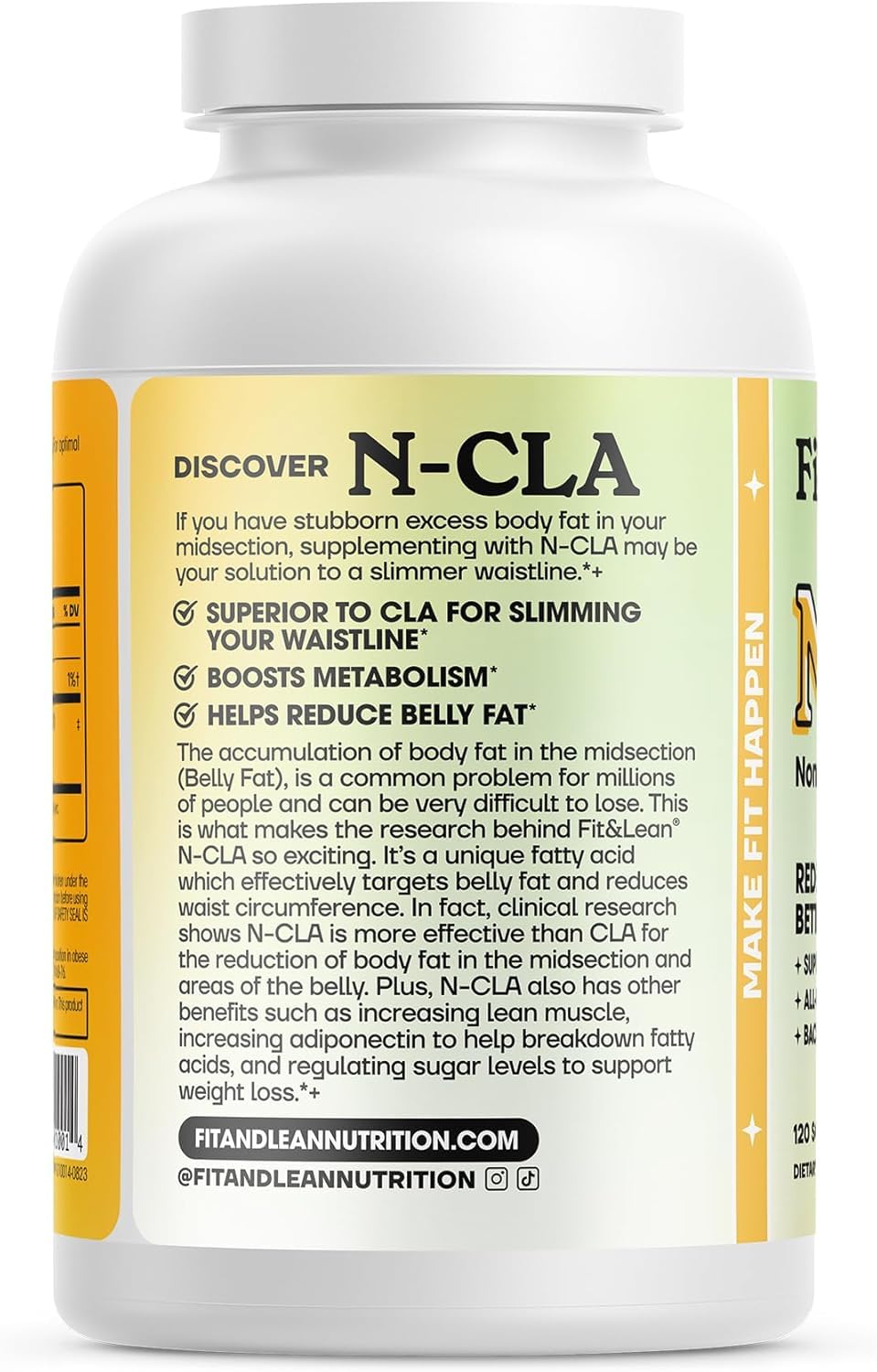 Fit & Lean N-CLA bottle showing lean muscle support for a toned physique.
