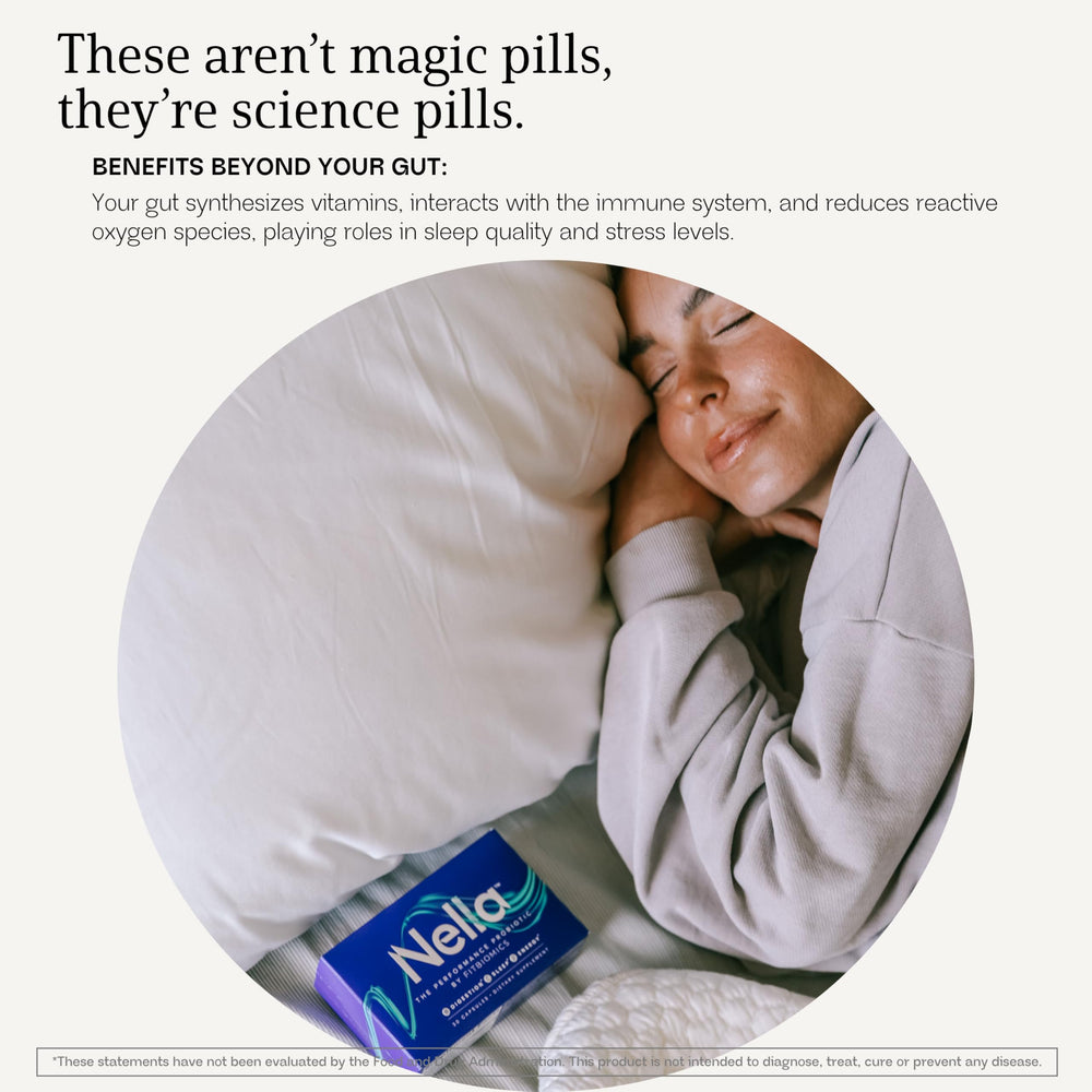FITBIOMICS Nella digestive health scene shows convenient daily capsule use.