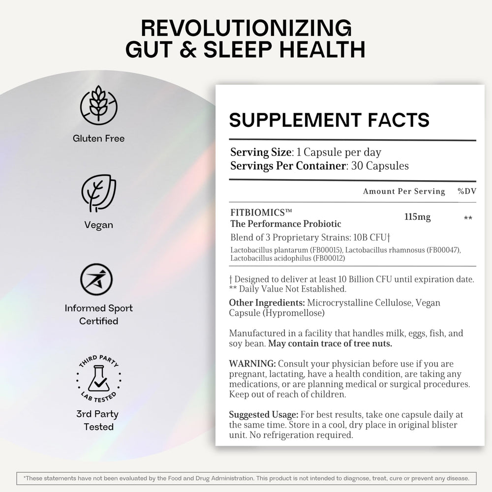 FITBIOMICS Nella label detail highlights vegan gluten-free GMP quality.