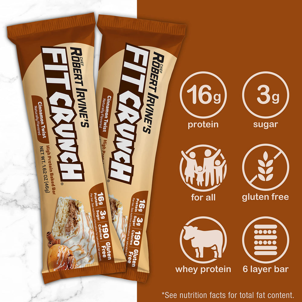 FitCRUNCH Cinnamon Twist bar product image emphasizes gluten-free, chef-created snack.