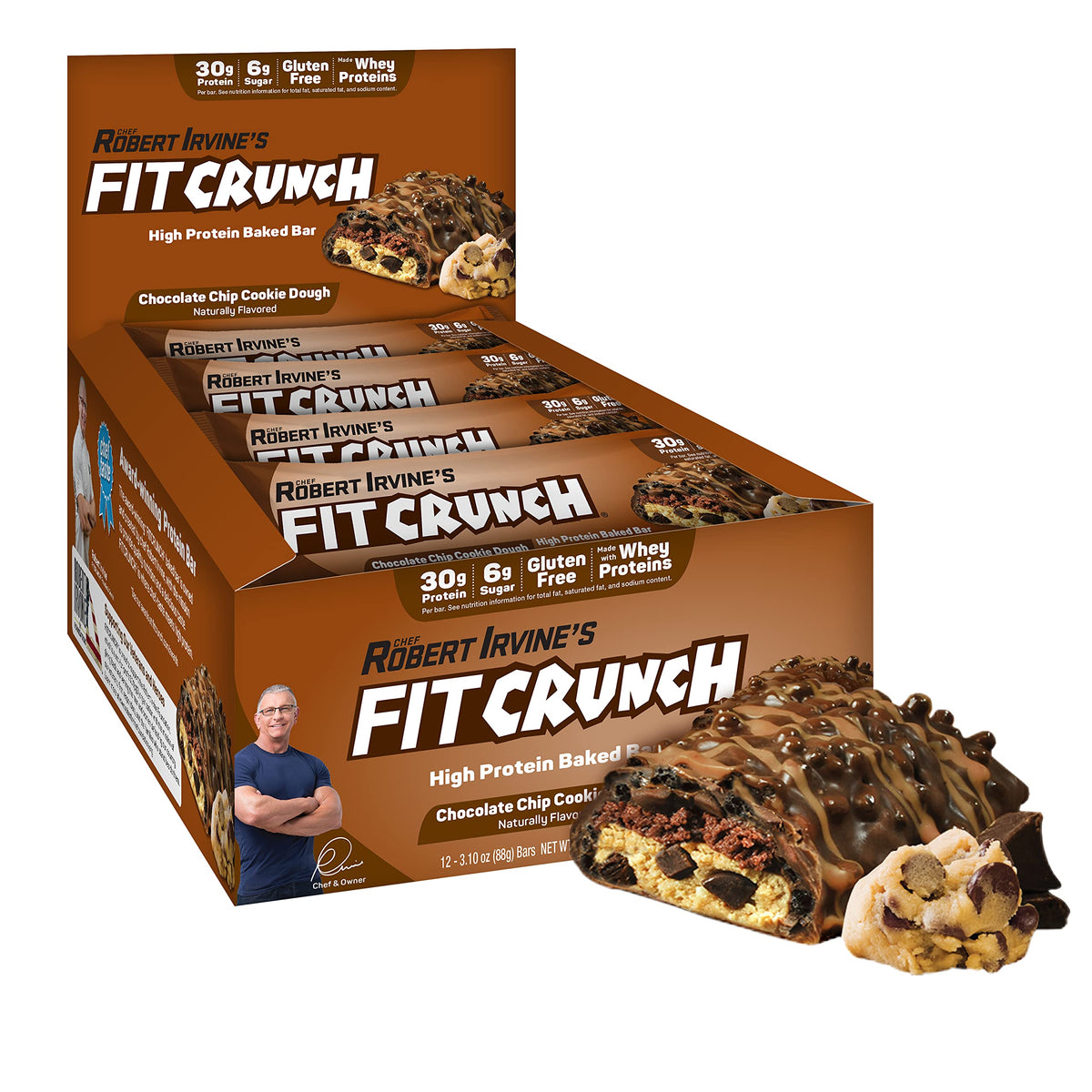 Fit Crunch full-size bar packaging highlights gluten-free, high-protein snack for busy days.