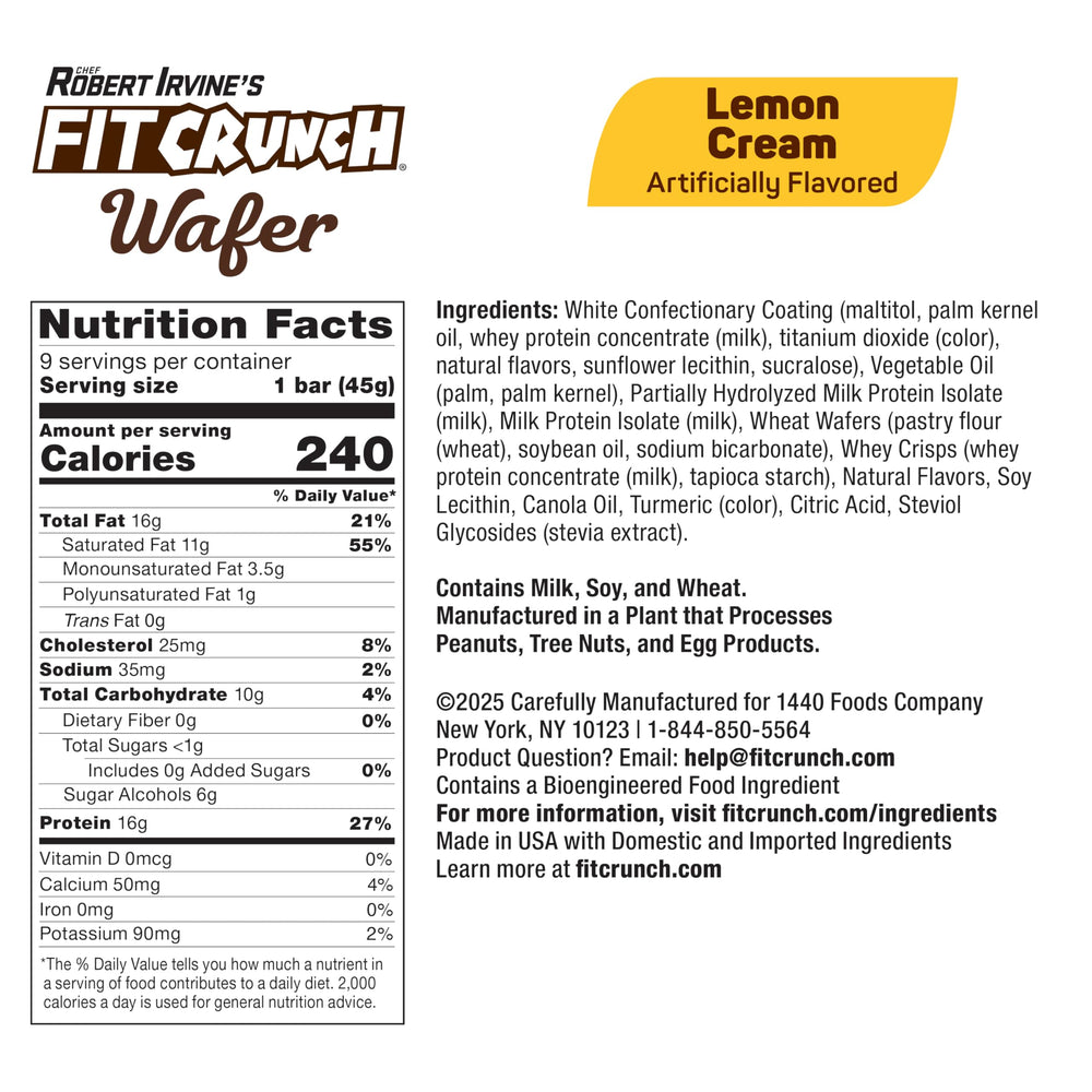 FITCRUNCH Lemon Cream wafer bar cross-section reveals crispy layers and zesty lemon cream for a satisfying bite