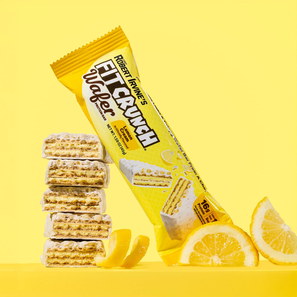 FITCRUNCH Lemon Cream wafer bar nutrition label highlights 16g protein and 1g sugar