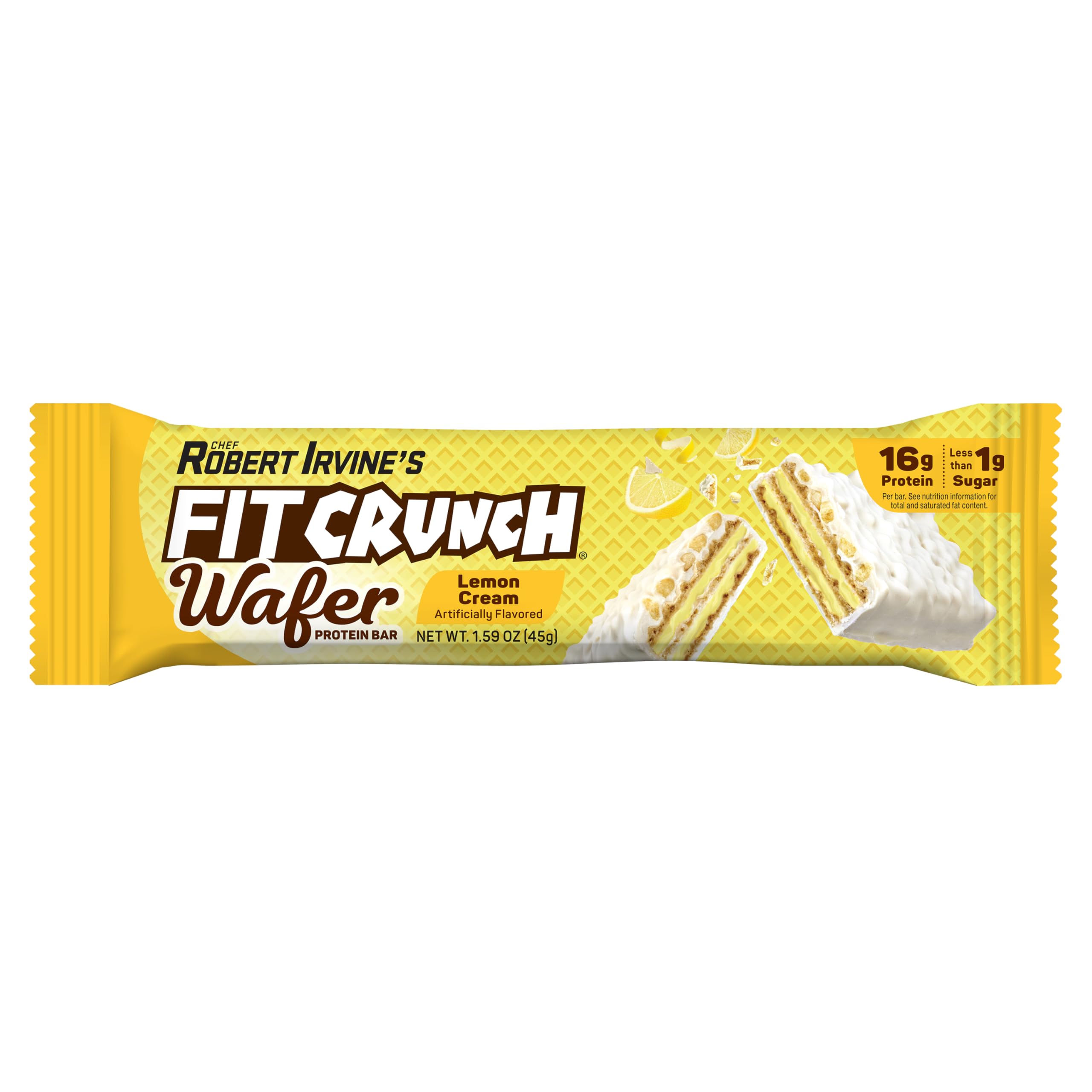 FITCRUNCH Lemon Cream wafer bar close-up shows crispy wafers and lemon cream