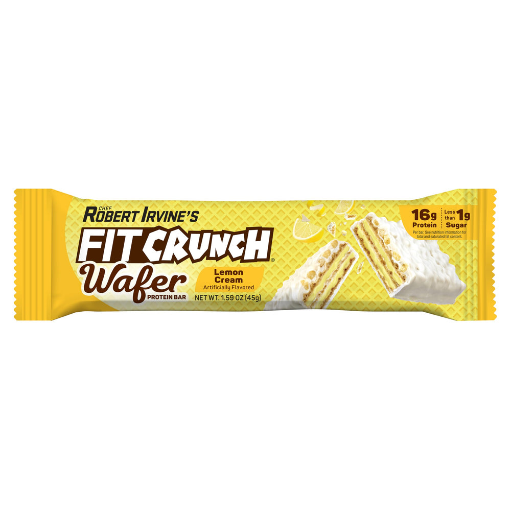 FITCRUNCH Lemon Cream wafer bar close-up shows crispy wafers and lemon cream