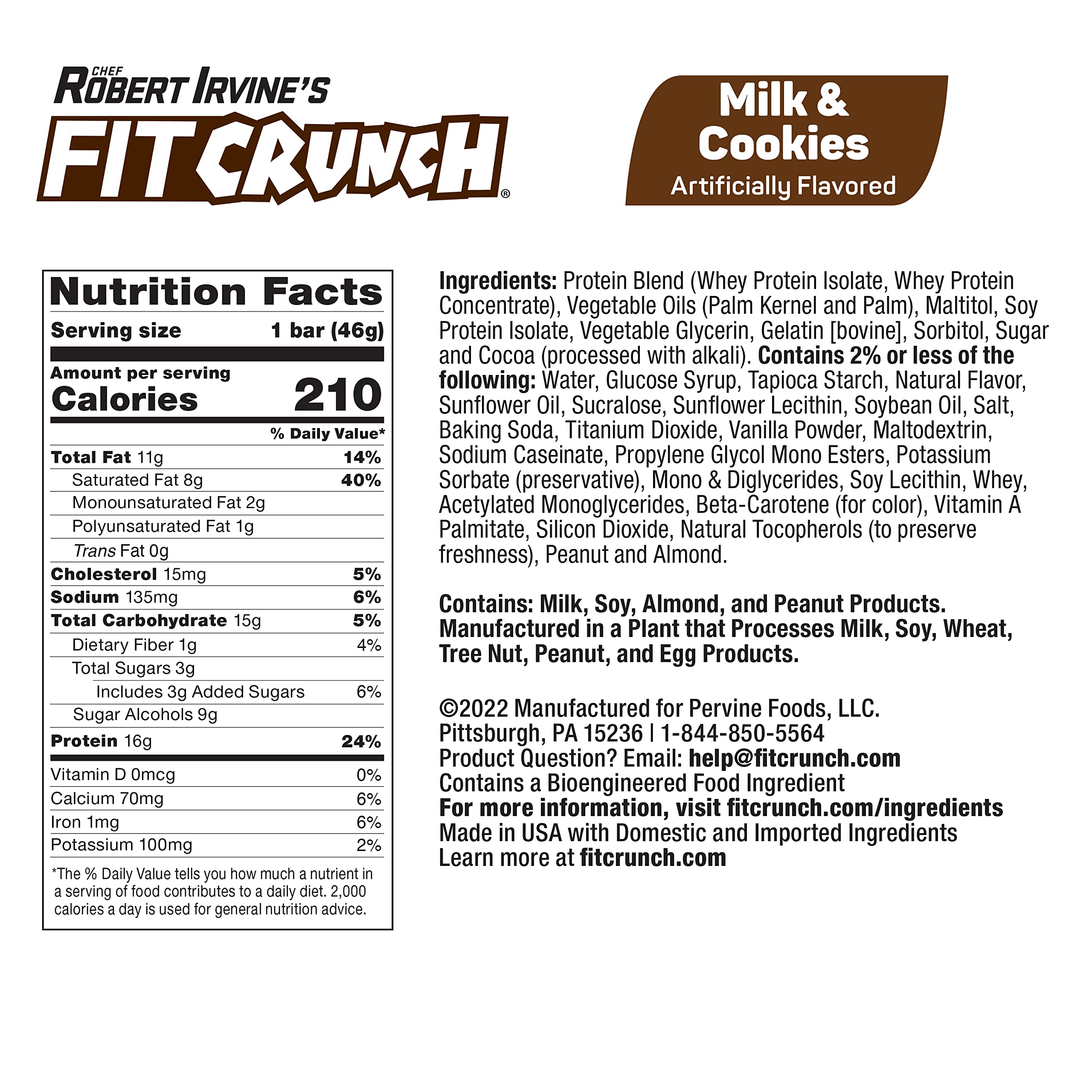 FITCRUNCH Milk and Cookies bar cross-section reveals soft cake core and layers.