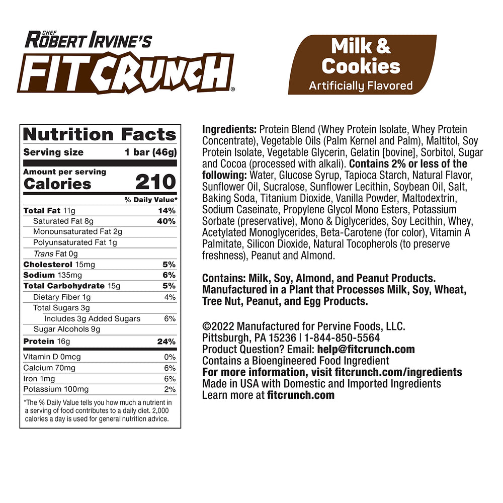 FITCRUNCH Milk and Cookies bar cross-section reveals soft cake core and layers.
