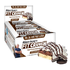 FITCRUNCH Milk and Cookies bar front view, protein-packed snack for active days.